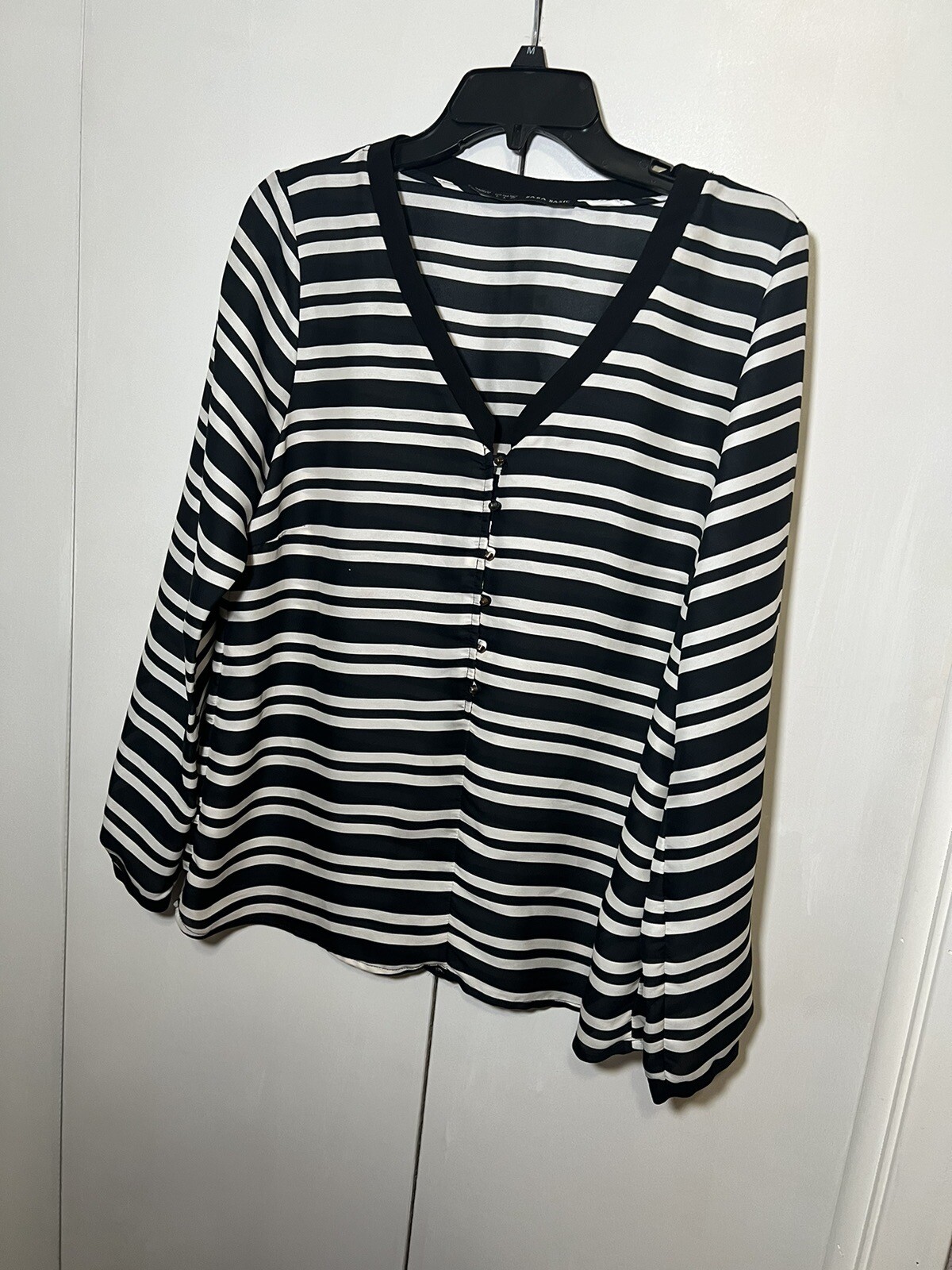 ZARA BASIC Striped Button Up V Neck Blouse Sheer … - image 4