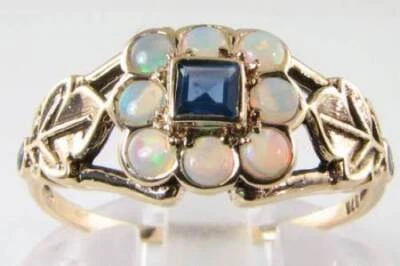 9CT 9K GOLD BLUE SAPPHIRE OPAL CLUSTER BAND ART DECO INS RING FREE RESIZE - Image 1 of 4