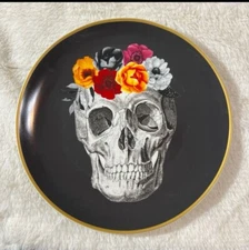 Set Of 4 Skull And Roses Black Dinner Plates Halloween Harvest Green Studio New