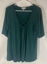 Molly Isadora Forest Green Criss Cross Scoop Neck Blouse Size 1X Made in USA
