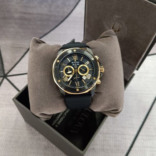 Bulova Marine Star Black Gold Case/Black Rubber Strap Men's Quartz 98B278 Watch - Picture 8 of 9
