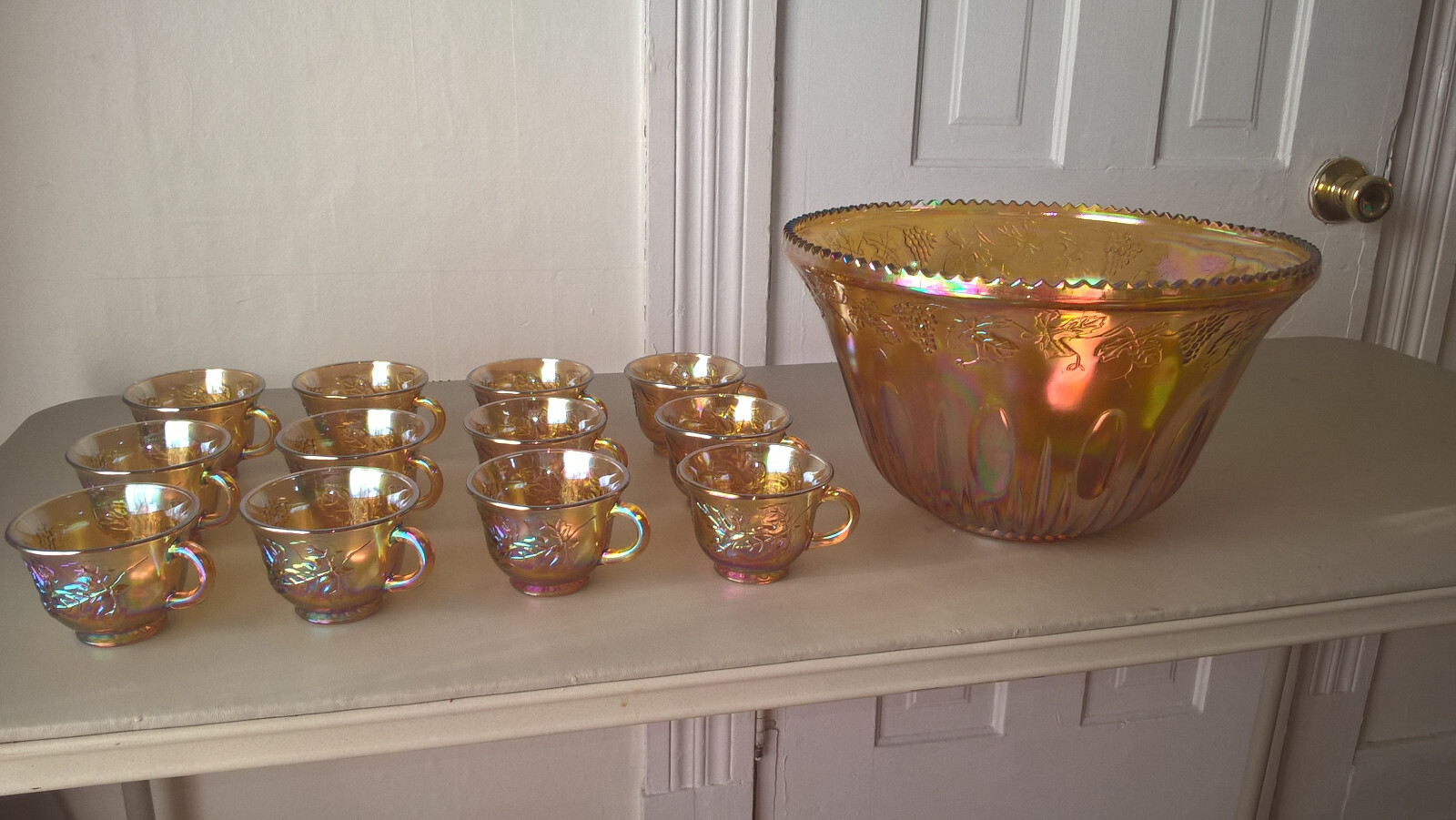 Indiana Carnival Glass Punch Bowl 12 Cups Set Grape Leaf Iridescent Gold Vintage