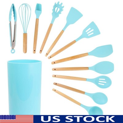 12 Piece Silicone Wood Utensil Set Safe Cooking Tools Kitchen Accessories New