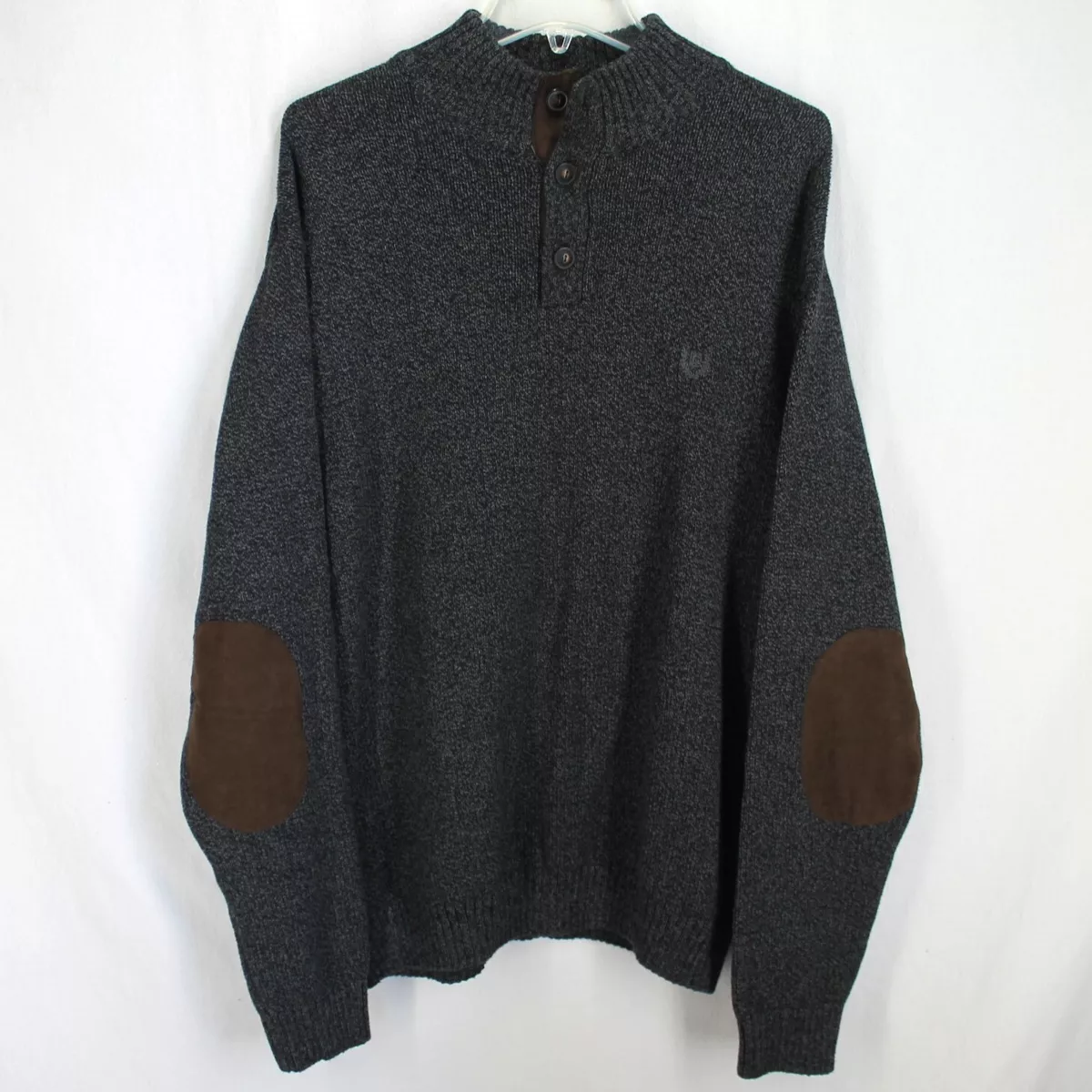 Chaps Mens Sweater M Gray Henley with Elbow Patches Long Sleeve Cotton  Pullover