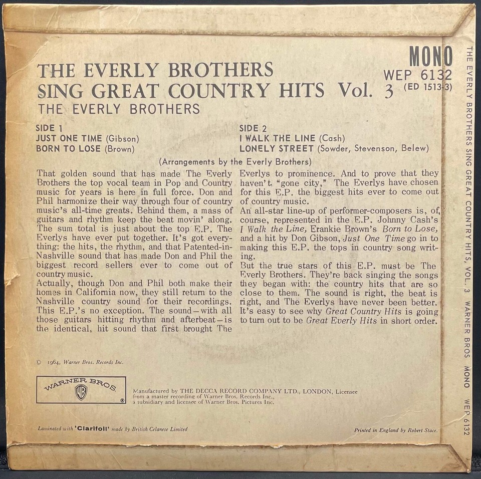 Everly Brothers ‎ Sing Great Country Hits Vol.3 USED Vinyl 7" EP