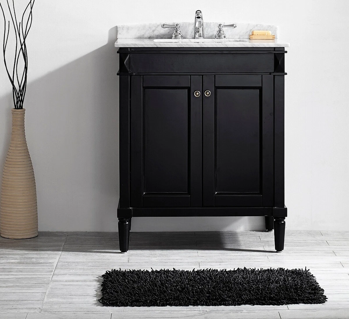 Large 750MM Black Vanity Unit Basin Marble Worktop Mirror Floor