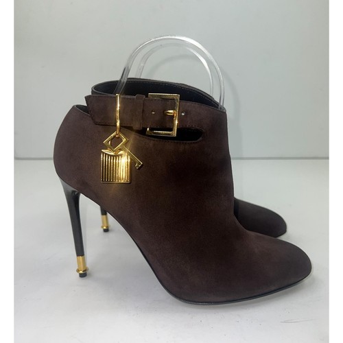 TOM FORD Brown Suede Almond Toe Padlock Ankle Strap Booties Size EU38.5 - Picture 5 of 14