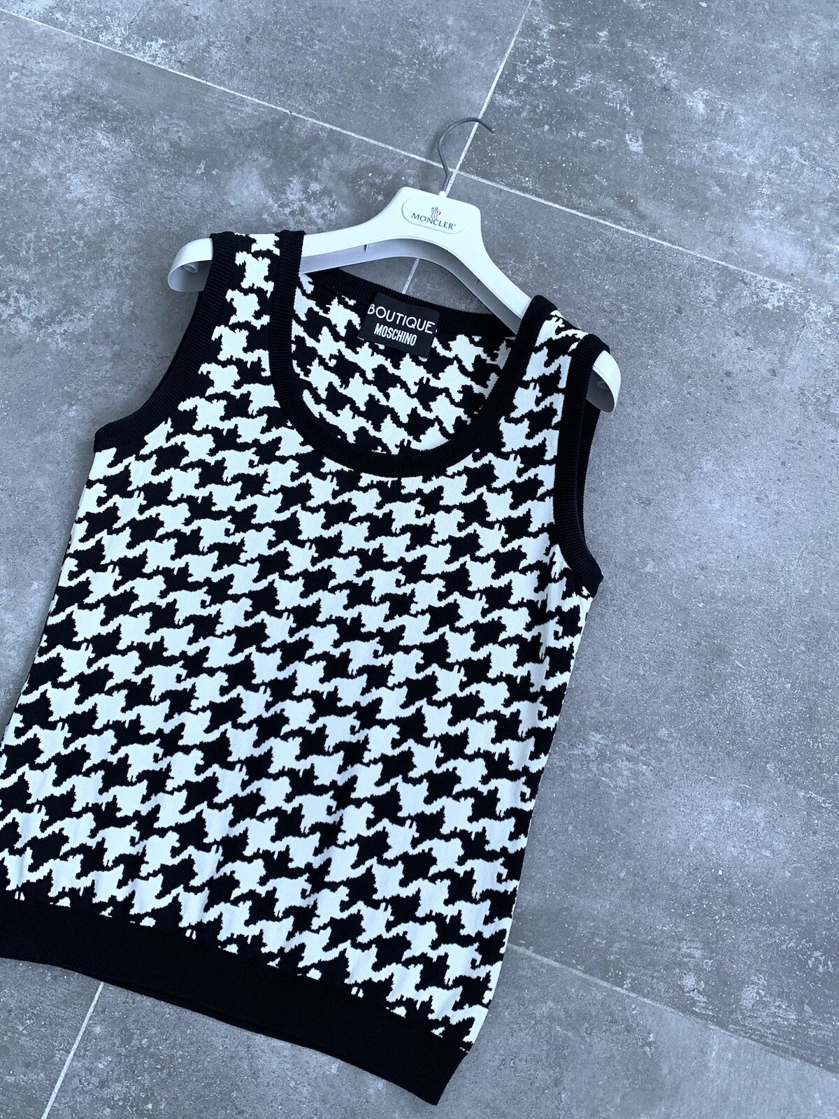 Cardigan donna MOSCHINO BOUTIQUE rayon pied de poule canotta top UK 10 US 6 EU 38