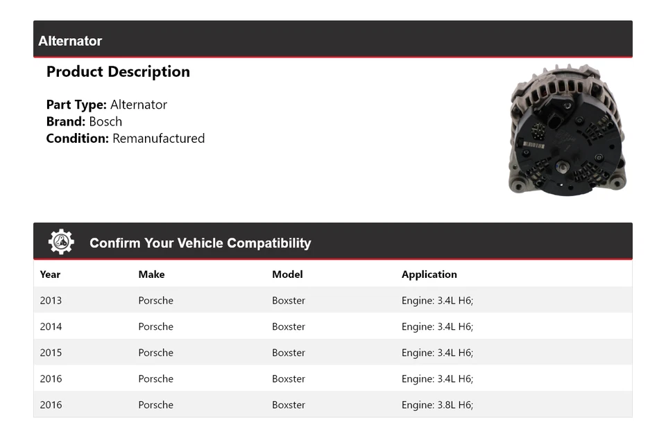 Alternador para Porsche Boxster Bosch 2013-2016 (remanufacturado) 2014 2015 Foto 2 de 4