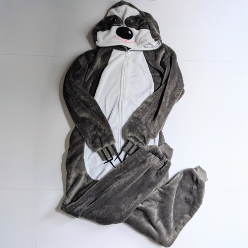 Sloth Animal One Piece Pajamas Plush Hooded Costume Jumpsuit Grey White Small S