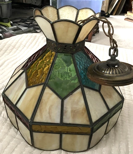 Vintage Tiffany Style Stained Slag Glass Hanging Ceiling Light Fixture Pub Lamp