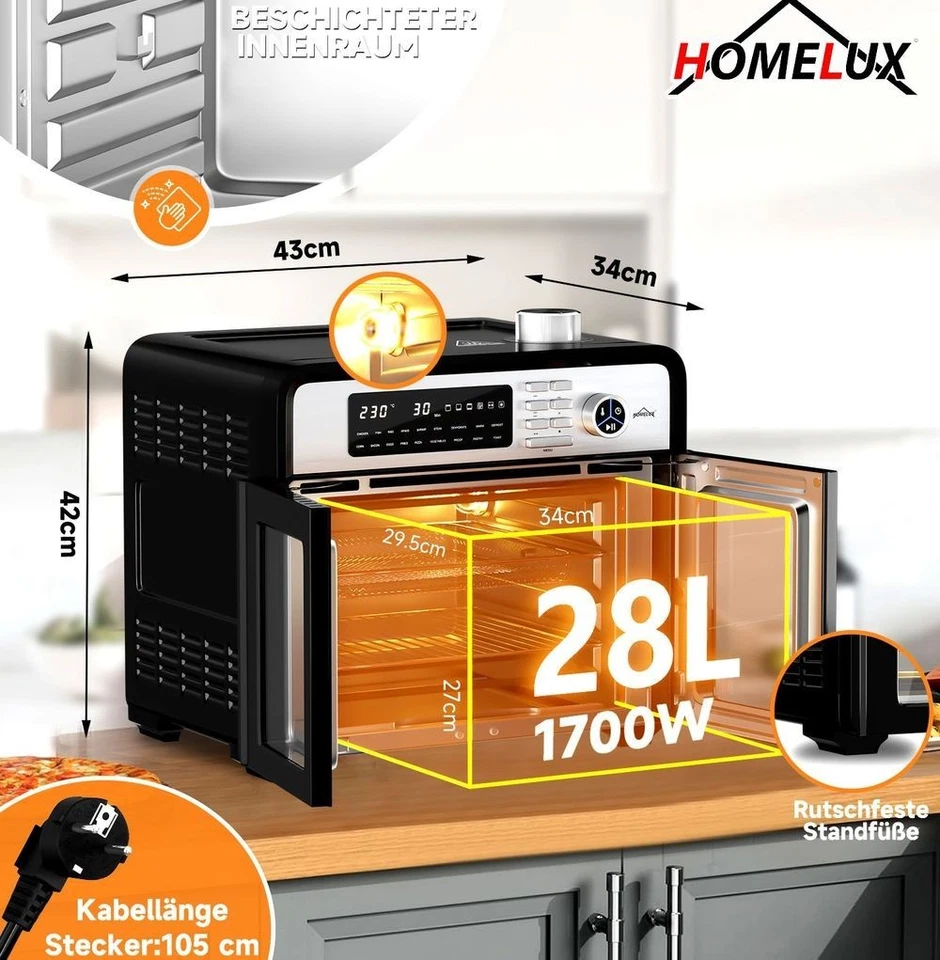 Homelux 28L Heißluft Backofen XXL Fritteuse Umluft 1700W Grill Pizza Drehspieß - Bild 2 von 4