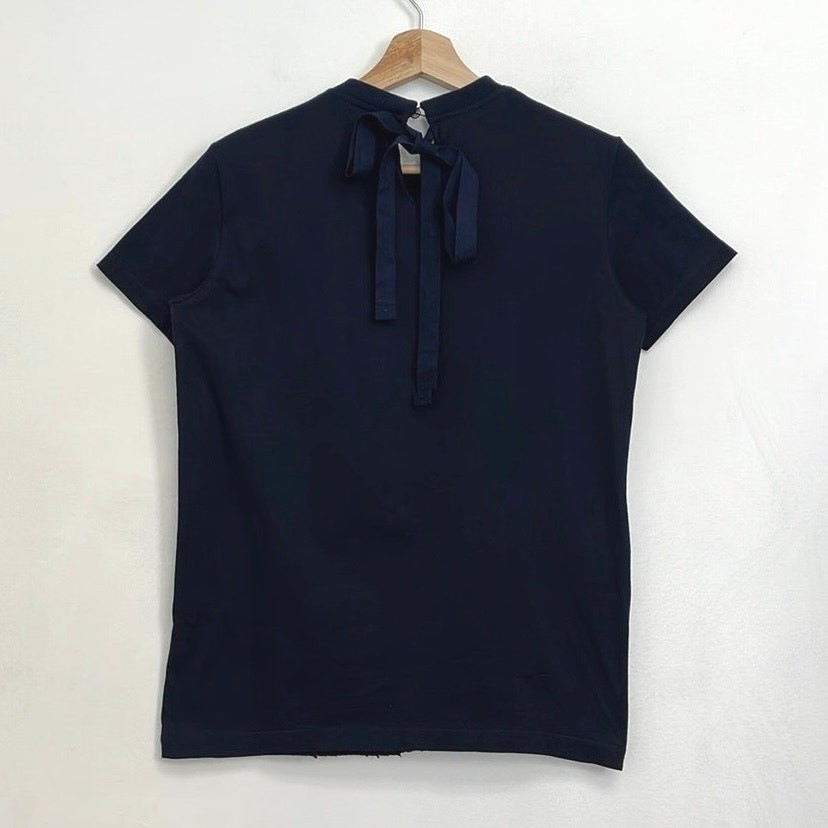 Prada Tuxedo Ruffle Tie Back Bow Cotton-Silk Luxury Designer Crewneck Tee Small thumbnail 12