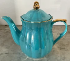 Grace's Teaware Teapot, Iridescent Teal w/ Gold Trim, Fluted,  EUC