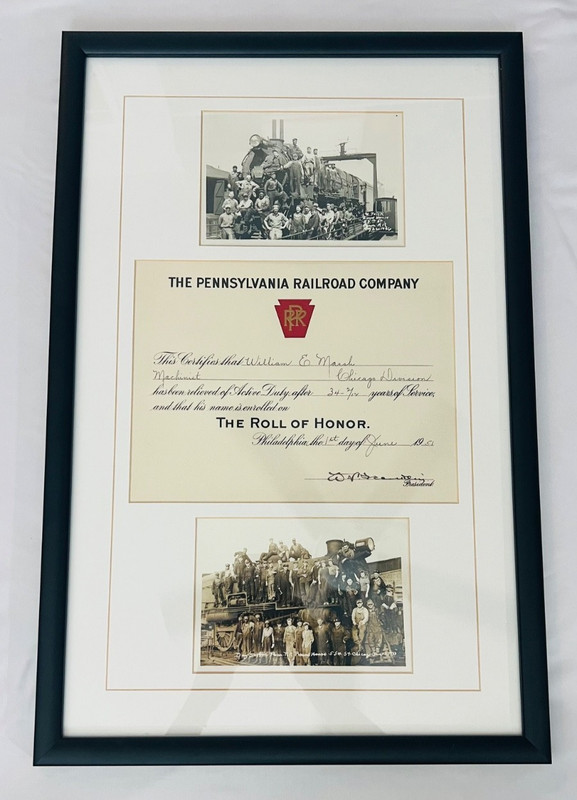 VTG 1951 PENNSYLVANIA RAILROAD ROLL OF HONOR FRAMED CERTIFICATE ORIG RPPC PHOTOS