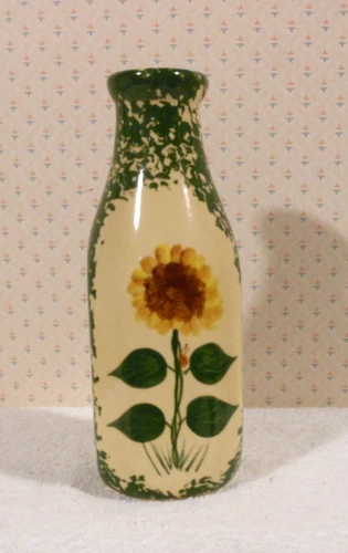 ALPINE POTTERY Roseville Ohio Green Sponge Ware Sunflower Bottle Vase (8.5") '95