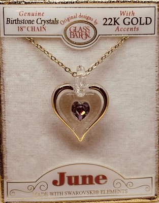 June Birthstone Heart Necklace Pink Crystal Gold Plated Pendant Gift