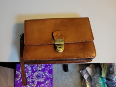 Patricia Nash flap Brown bag Clutch leather push lock closure. Long Strap Gone.