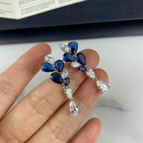 2.50 Ct Pear Cut Blue Sapphire Drop & Dangle Women's Earring 14k White Gold Over - Picture 5 of 5
