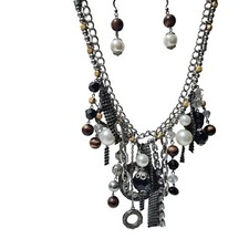 Statement Charm Necklace Earrings Set Wood Faux Pearl Accents Fashion Jewelry