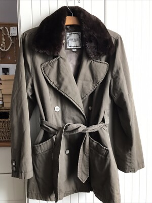 Vintage 90 s River Island Stone Valley Khaki Double Breasted Tie Waist Jacket S