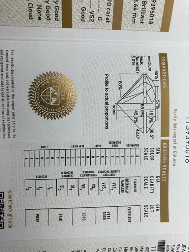 GIA CERTIFIED .70 CARAT ROUND BRILLIANT CUT NATURAL DIAMOND G COLOR VS2 CLARITY - Picture 6 of 6