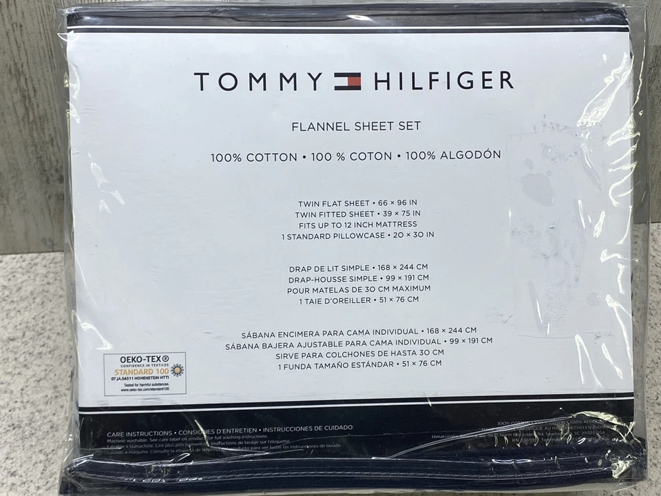 Tommy Hilfiger Juego de Sábanas Doble Franela 3 Piezas Azul Marino/Blanco Ventana Nuevo Foto 3 de 3