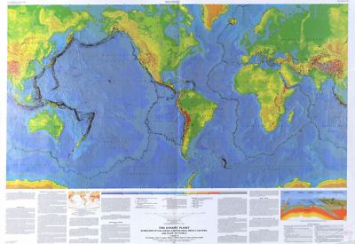 16'' x 24'' 1994 Map Of World Volcanoes Earthquakes Impact Craters & Plate Tect