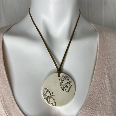 Artisan Made Butterfly Pottery Necklace 11.5  2 1/8  Disc Neutral Brown Cream