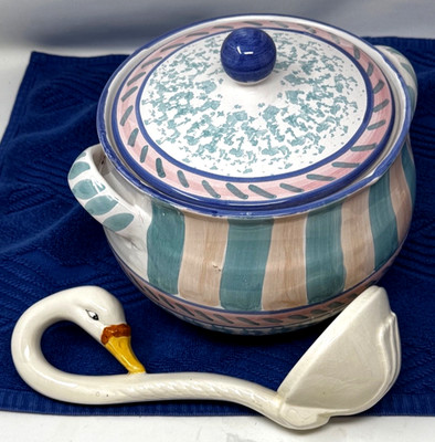 Ceramic Soup Stew Tureen Cookie Bowl with Lid & Whimsical Figural Swan Ladle NEW