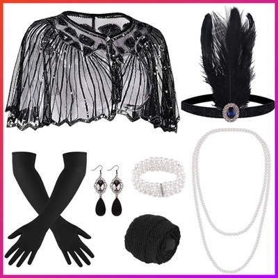 Flapper Zubehör Set 1920er Jahre Gatsby mit Stirnband, langen Handschuhen,
