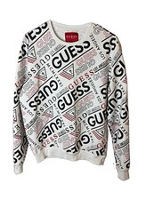 Guess LA All Over Logo Print Sweatshirt M White Black Red MCMLXXXI Streetwear