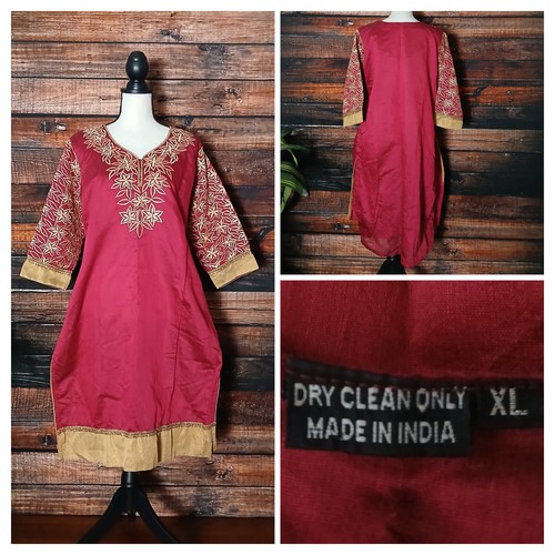 Traditional Kurta XL Gorgeous Tunic Dress Embroidered Side Slits Raspberry Gold