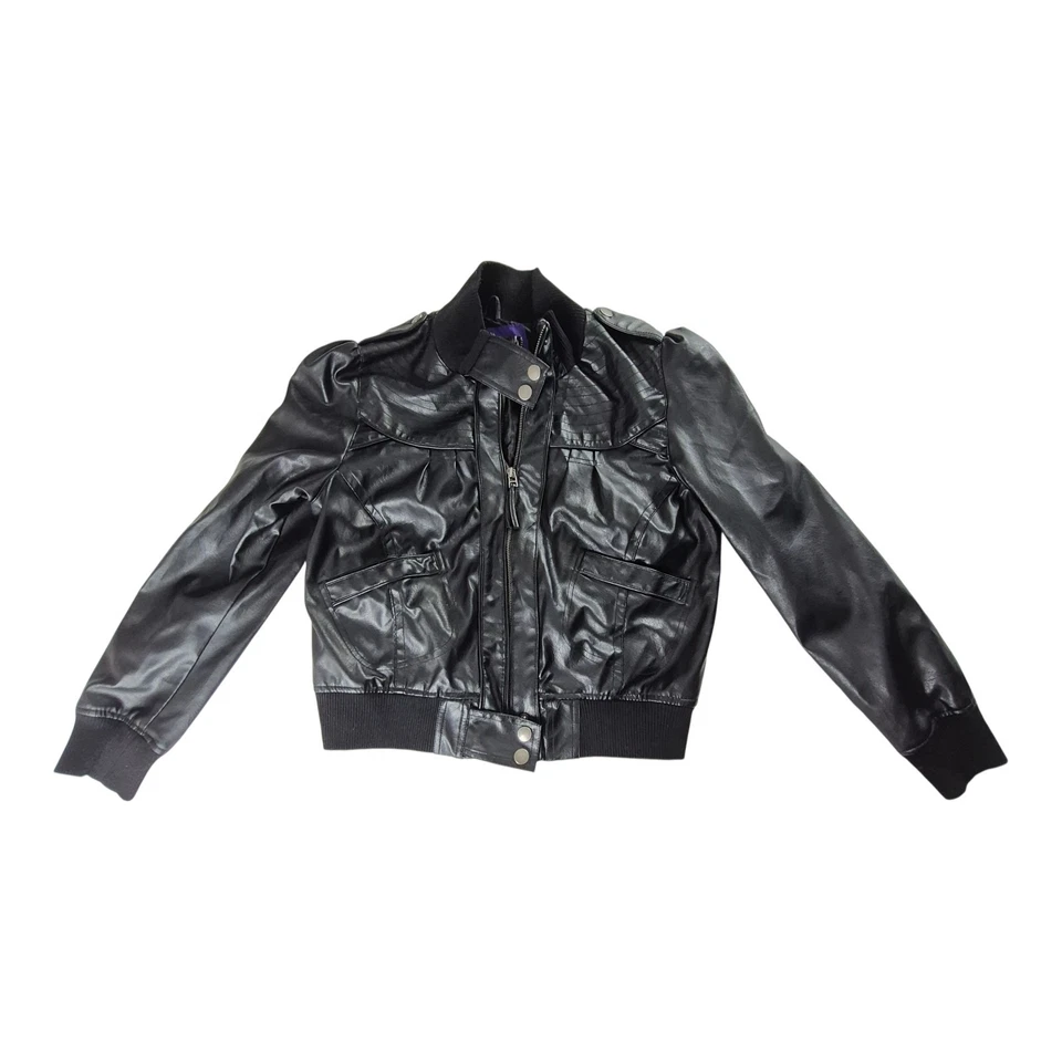 Miley Cyrus Max Azria XL Jacket Black Faux Leather Bomber Cropped Y2K Womens - Image 1 of 4