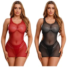 Womens Sheer Mesh Mini Dress with Thong Sleeveless Bodycon Alluring Nightgown