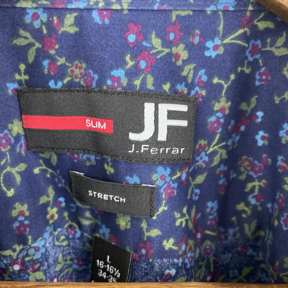J. Ferrar Slim Stretch Shirt Mens L Blue Floral Print Long Sleeve Button Casual - Image 3 of 4