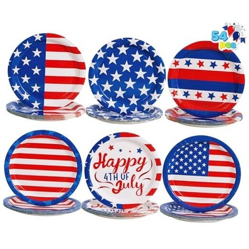 54 Pcs July 4th Paper Plates, 9" Disposable Plates with 6 Patriotic Themed