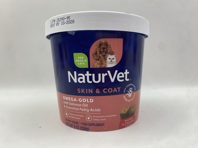 NaturVet Skin & Coat Omega-Gold Salmon Oil Dogs Cats 90 Soft Chews 9 Oz New