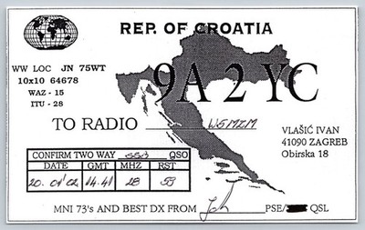 Croatia QSL Card 9A2YC Zagreb Amateur Radio 2002 W6MZM Confirmation A394