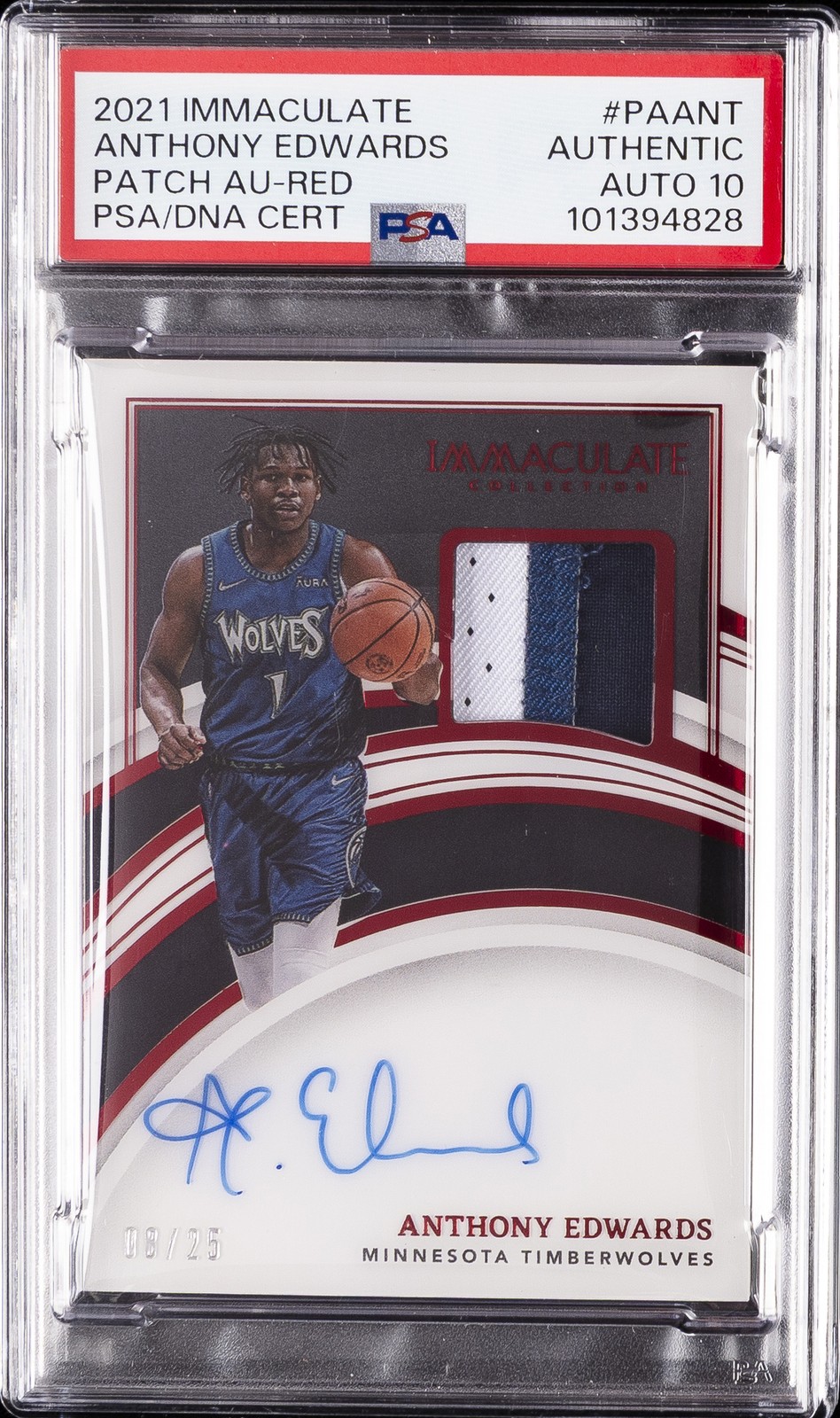 ANTHONY EDWARDS 2021 RED #PAANT 8/25 PSA AUTHENTIC AUTO 10 