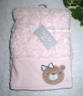 Cutie Pie Light Pink Rosette Baby Blanket 30x40 - Teddy Bear Applique ~ NEW