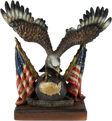 Patriotic Wings of Glory Bald Eagle Resting on Globe with Map of America and 2 S