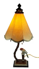 Vintage 2004 Parrot Sitting on Drum Table Lamp Faux Bamboo Tree Base with Shade