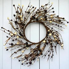 Primitive Rustic 17" Burgundy Red and Cream Pip Rice Berry and Burlap Wreath