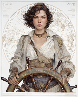 Steampunk Ship Captain Holding Wheel Before Antique Map Print - 499228442