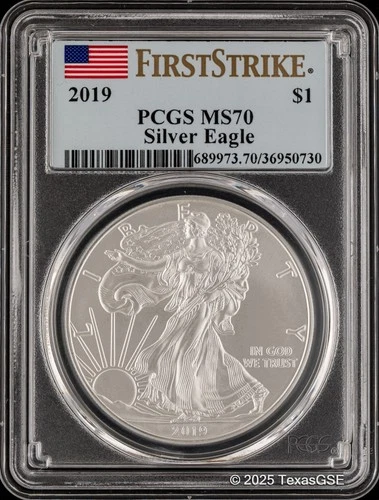 2019 $1 Silver American Eagle PCGS MS70 First Strike - Blue Flag Label