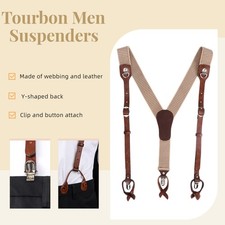TOURBON Men's Suspenders Y-Shaped Back Interchangeable Button Clip Leather Patch