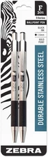 Zebra F-301 Stainless Steel Ballpoint Pen 1.6mm 2/Pkg-Black