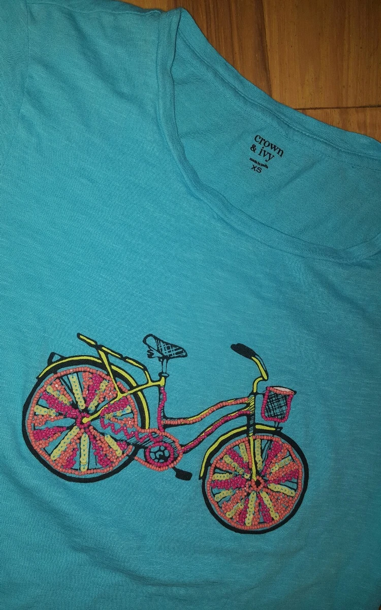 Womens Crown Ivy Shirt blouse bicycle beaded XS Xsmall blue bike