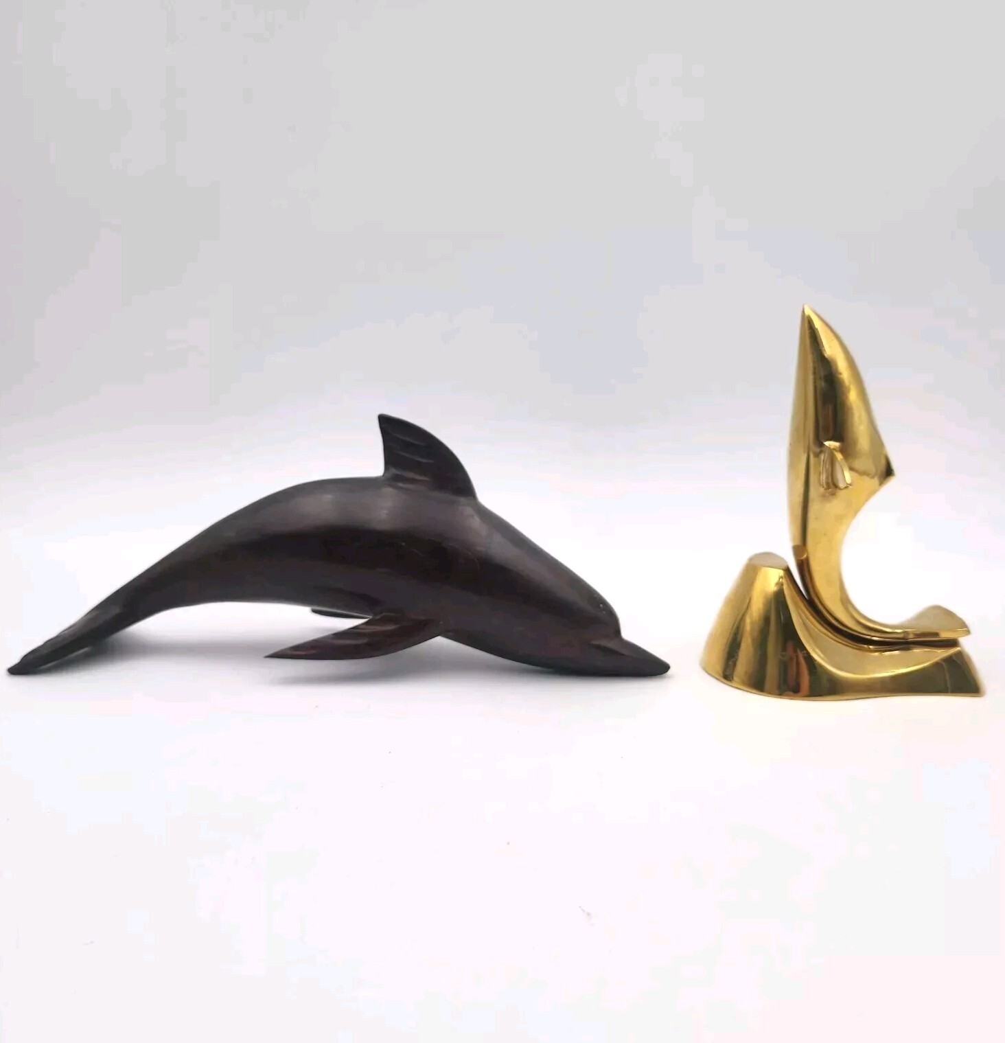 Dolphin Sculpture Figurine Paperweight Brass & Ironwood Hand Carved Vintage Pair